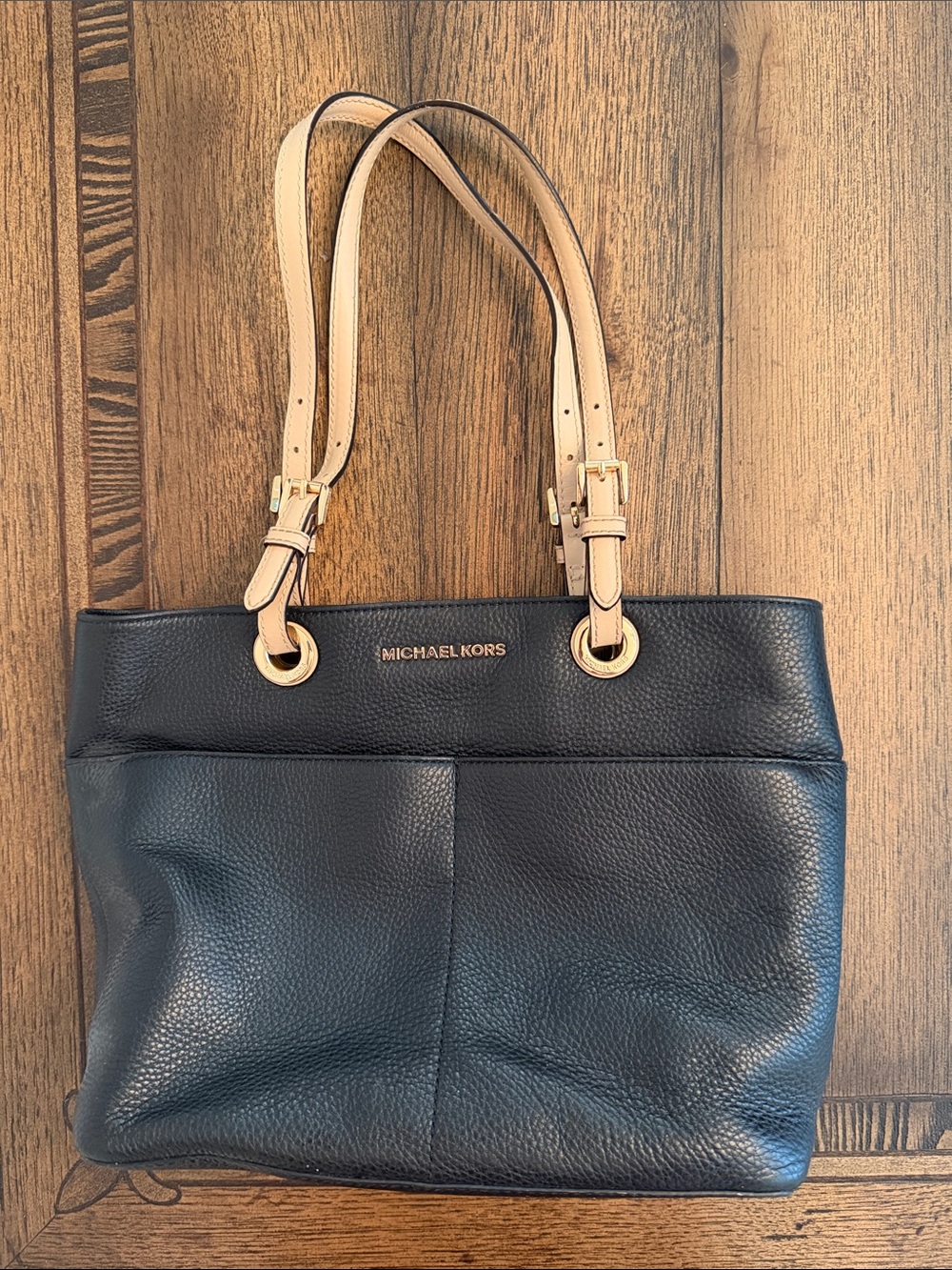 Michael Kors Bedford Pebbled Leather Medium Pocket Tote Shoulder Bag Black